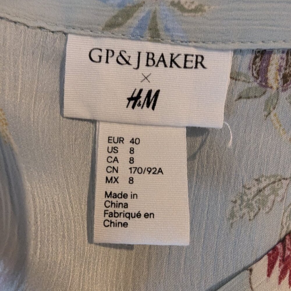 H&M x GP & J Baker Mint Green Floral Bird Print Blouse Asian Romantic Sz 8 - Picture 5 of 7
